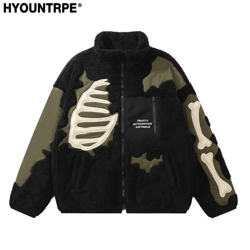 mens casual skulls patchwork fleece jackets coats new hairy stand collar zipper loose hoodies outerwears warm streetwear parkas menswear bottoms