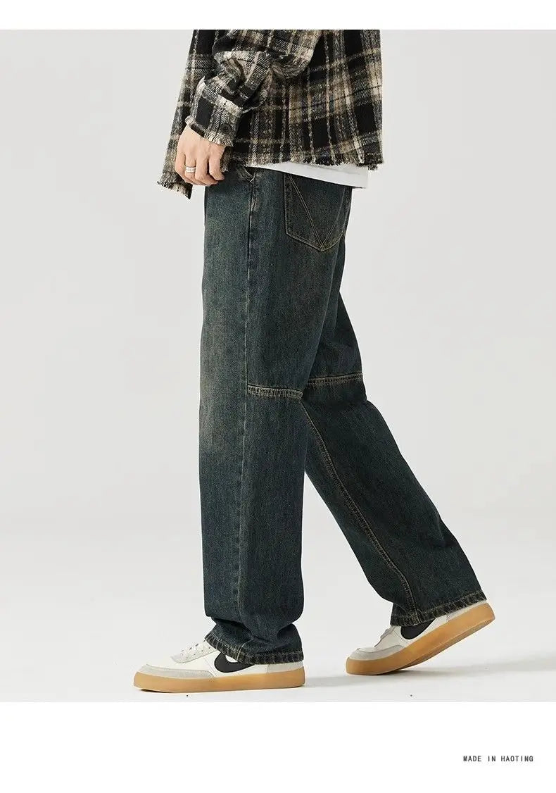 american style new retro heavy duty washed straight leg jeans for men and women simple and loose trendy wide leg casual pants unique jeans style 4674