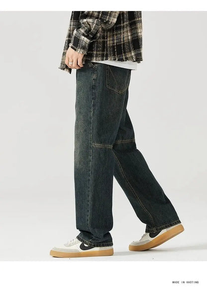 american style new retro heavy duty washed straight leg jeans for men and women simple and loose trendy wide leg casual pants unique jeans style 4674