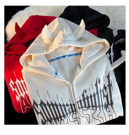 Y2K Kawaii Devil Horn Tail Hip Hop Badge Print Hoodies Cardigan Couples Street Loose Casual Zip Up Sweatshirt Harajuku Clothes Street King Limited