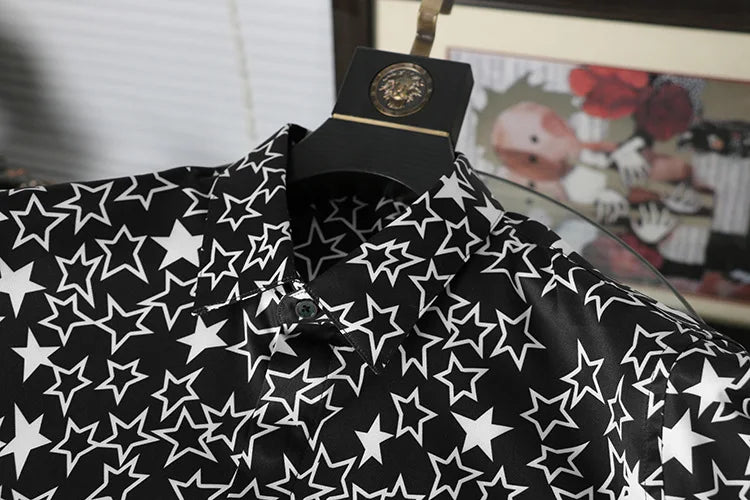 New 2022 Men 3D luxurious Classic Black White Star Print Fashion Silk Casual Shirts Shirt high Pocket Long-sleeves S 2XL #D276 Street King Limited