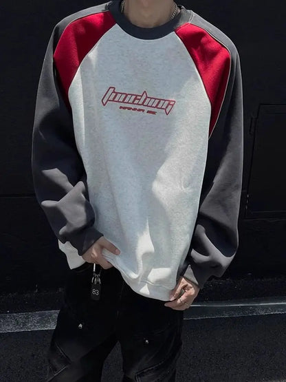 Trendy Personality Korean Motorcycle Style Round Neck Sweatshirt Men 2024 Spring Autumn Niche Contrasting Color Pullover Hot Top Street King Limited