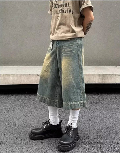 Summer Trend Denim Cropped Trousers Mens American Hip Hop Washed Wide Leg Shorts Unisex  High Street Straight Cowboy Mid Pants Street King Limited
