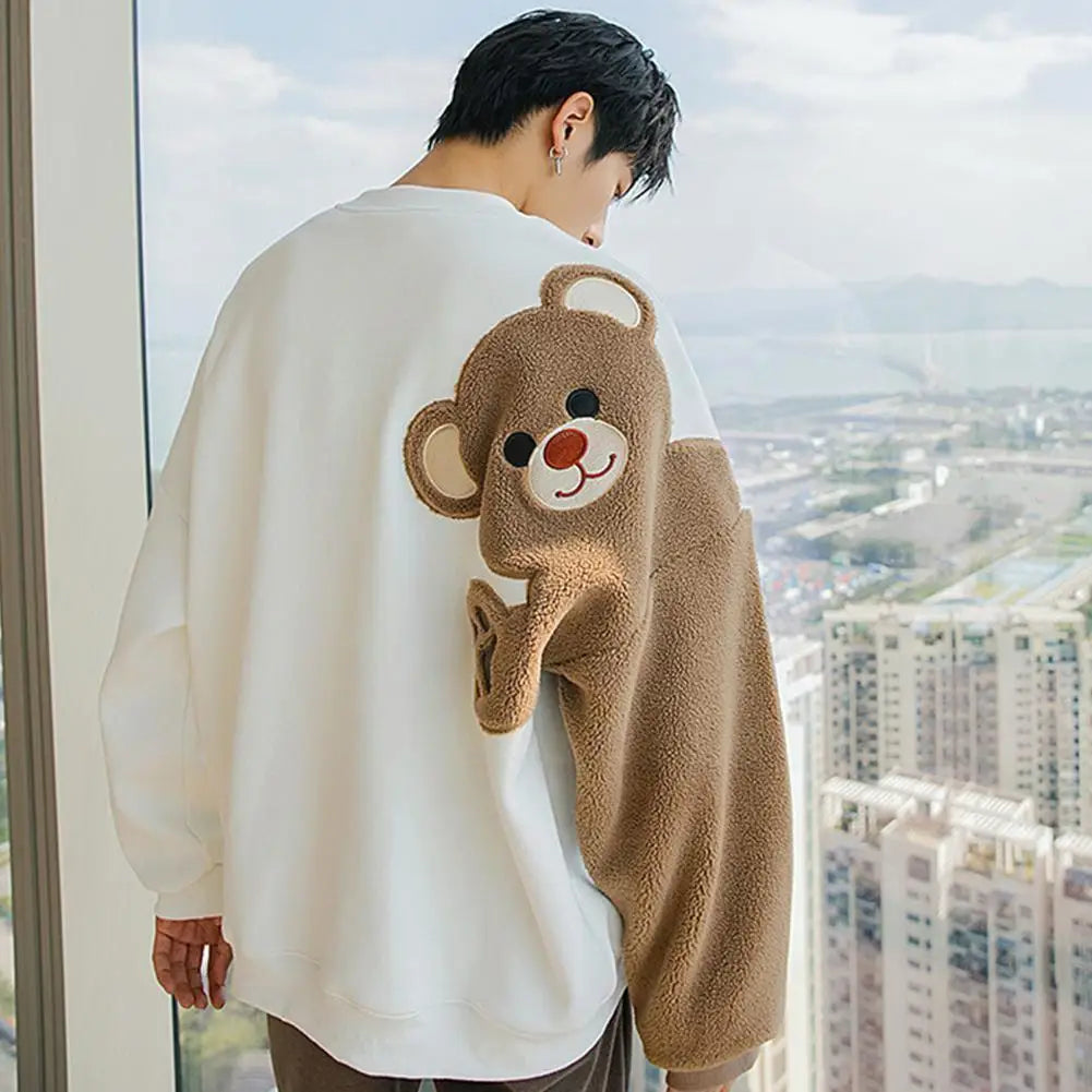 Long-sleeved Round Neck Sweater Lamb Hair Embroidery Flocking Sweater Loose Warm Winter Men's Bear Street King Limited