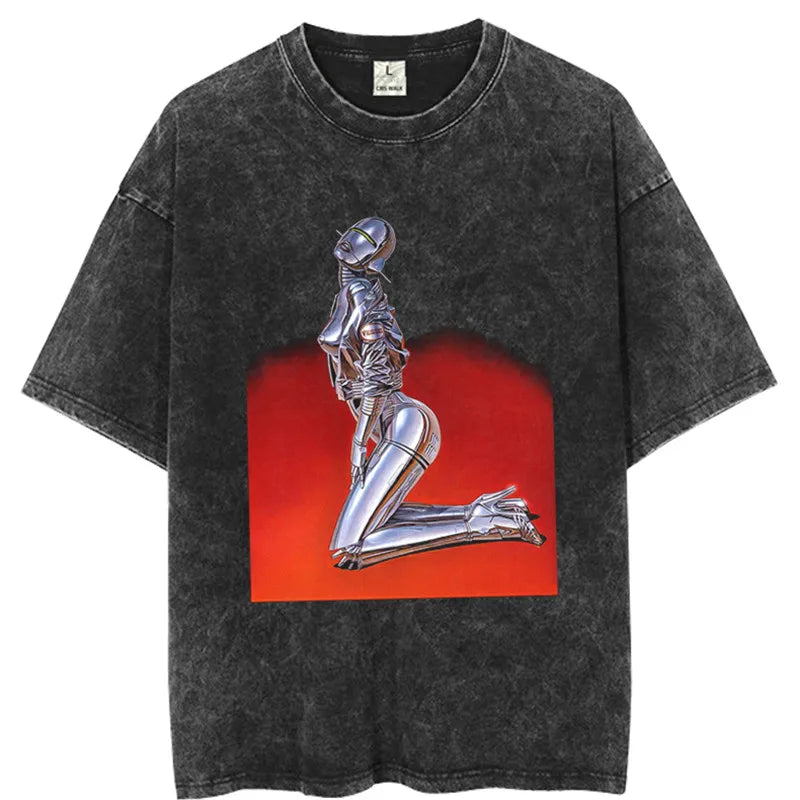 Vintage Men Tshirt Streetwear Hip Hop Portrait Robot Dinosaur Print Distressed T-Shirt 2023 Harajuku Summer Cotton Washed Tshirt Street King Limited
