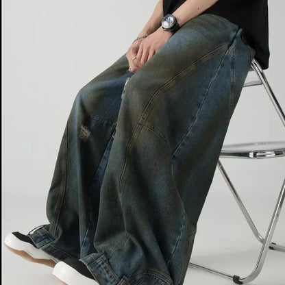 Summer High Street Hip Hop Jeans Mens Halo Dye Hole Washed Straight Denim Pants Loose Silhouette Retro Micro Flared Trousers Street King Limited