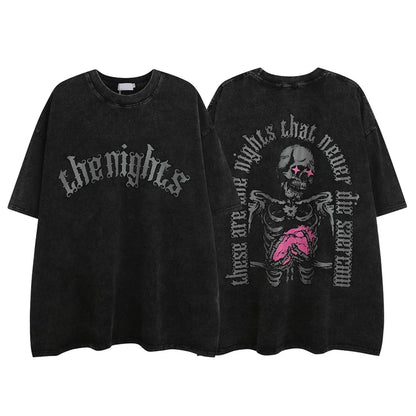 2023 Streetwear T Shirt Skull Skeleton Graphic Hip Hop Oversized T-Shirt Men Cotton Tops Tees Retro Washed Black Tshirt Hipster Street King Limited