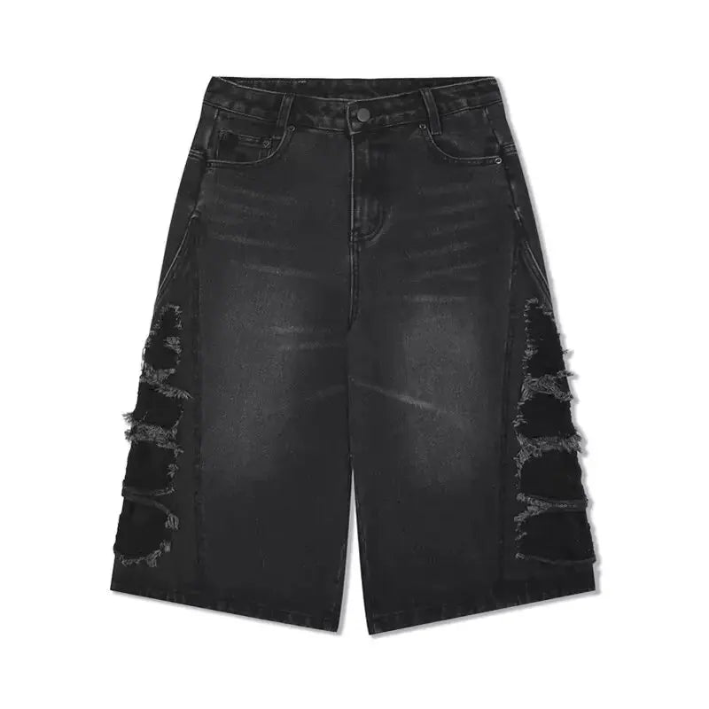 mens hip hop washed denim shorts broken hole folds burr edge street punk cowboy middle pants pockets bomber quarter pants y2k unique jeans style 4377