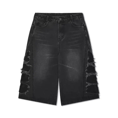 mens hip hop washed denim shorts broken hole folds burr edge street punk cowboy middle pants pockets bomber quarter pants y2k unique jeans style 4377