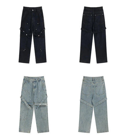 fashion knee adjust belt decoration denim jeans zipper straight jeans hip hop streetwear mens casual loose joggers jeans pants unique joggers style 1544
