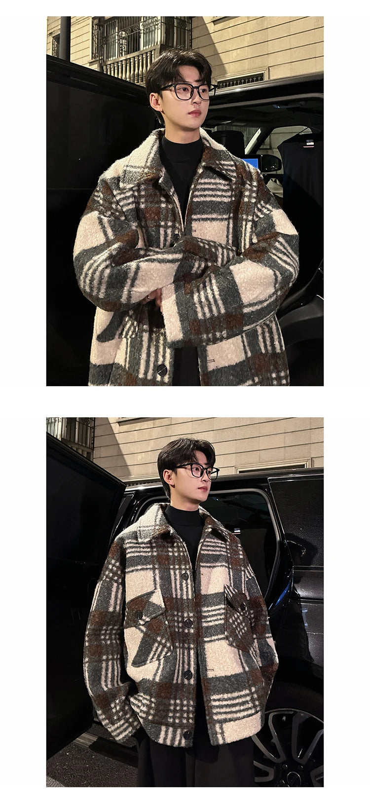 autumn winter campus boy plaid woolen coat men streetwear fashion loose casual retro thick jacket man bomber coat outerwear unique default style 949