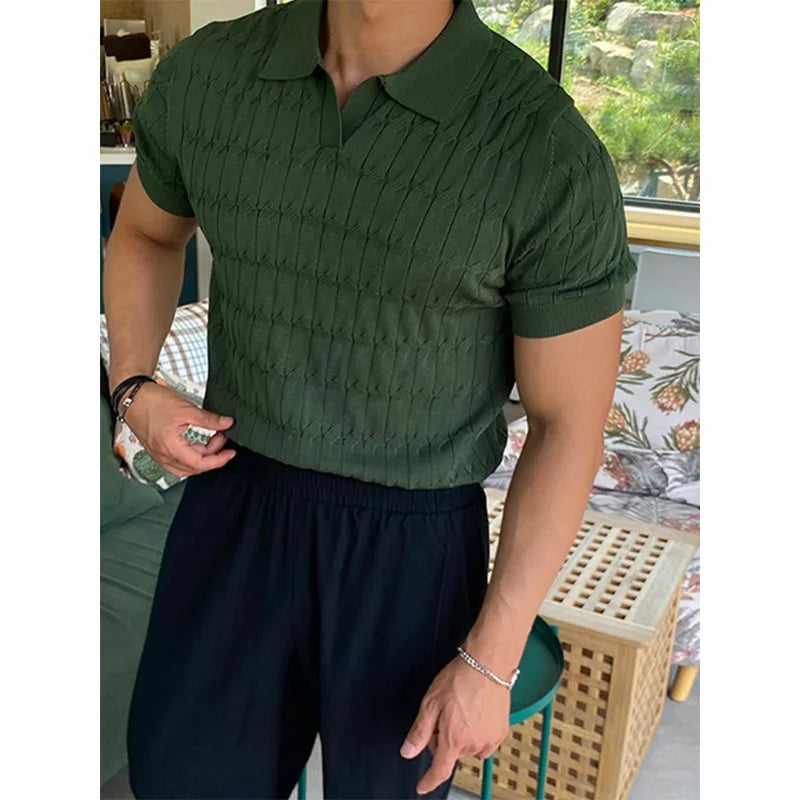 Summer New Knitted Polo Shirt Men's Short Sleeve Casual Half Sleeve Lapel Green T-Shirt Slim Top Street King Limited