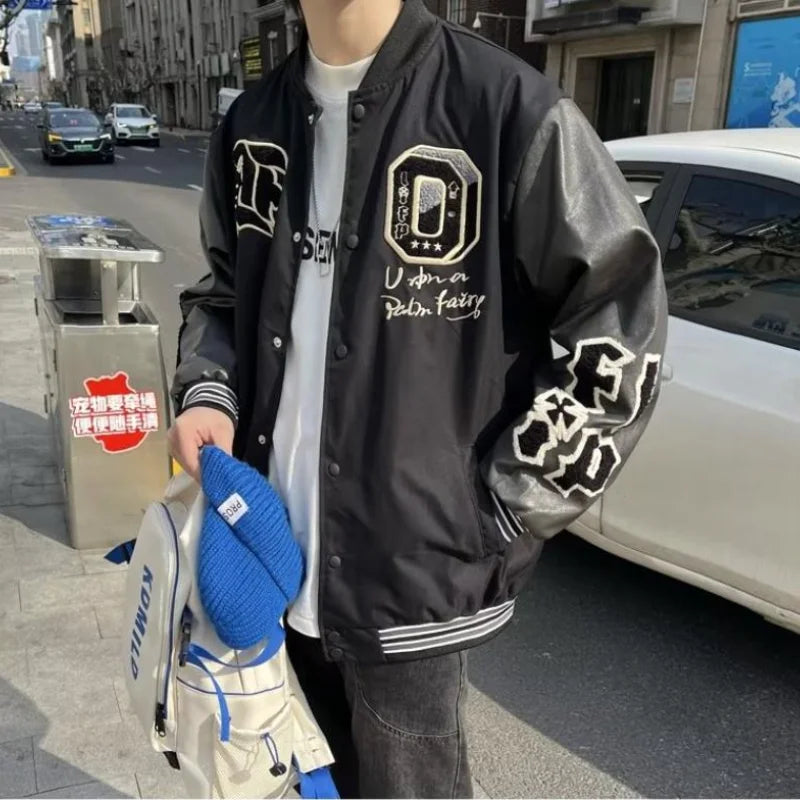 american retro mens baseball uniform street harajuku patchwork leather loose jackets color block towel embroidery trend coats unique default style 2908
