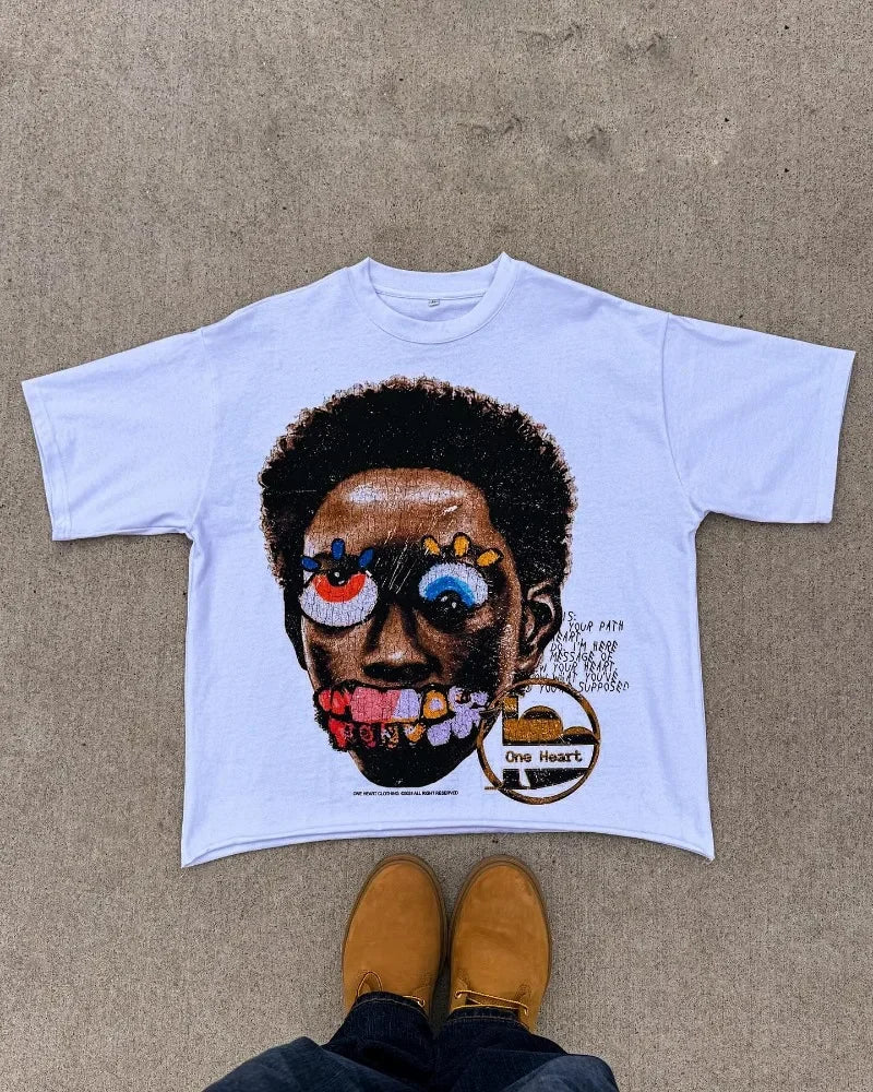 Y2K Fashion Portrait Pattern Printed Short Sleeve T-Shirt Men's 2024 Goth Couple Casual Loose Versatile Oversized Shirt Top Street King Limited