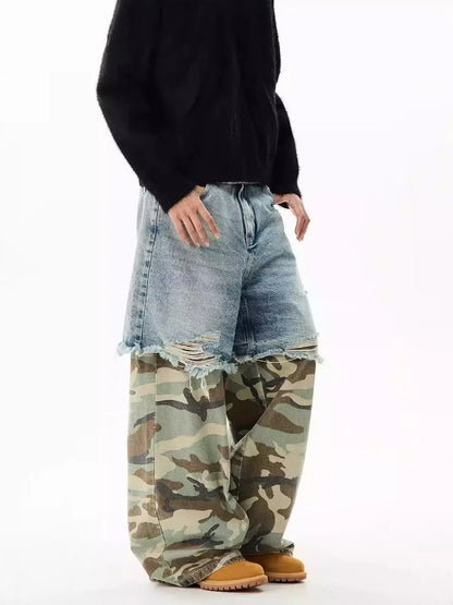 Camouflage Patchwork Jeans Mens Fake Two Items Street Punk Unisex Denim Pants Multiple Pockets Blue Size S-3XL Cowboy Trousers Street King Limited