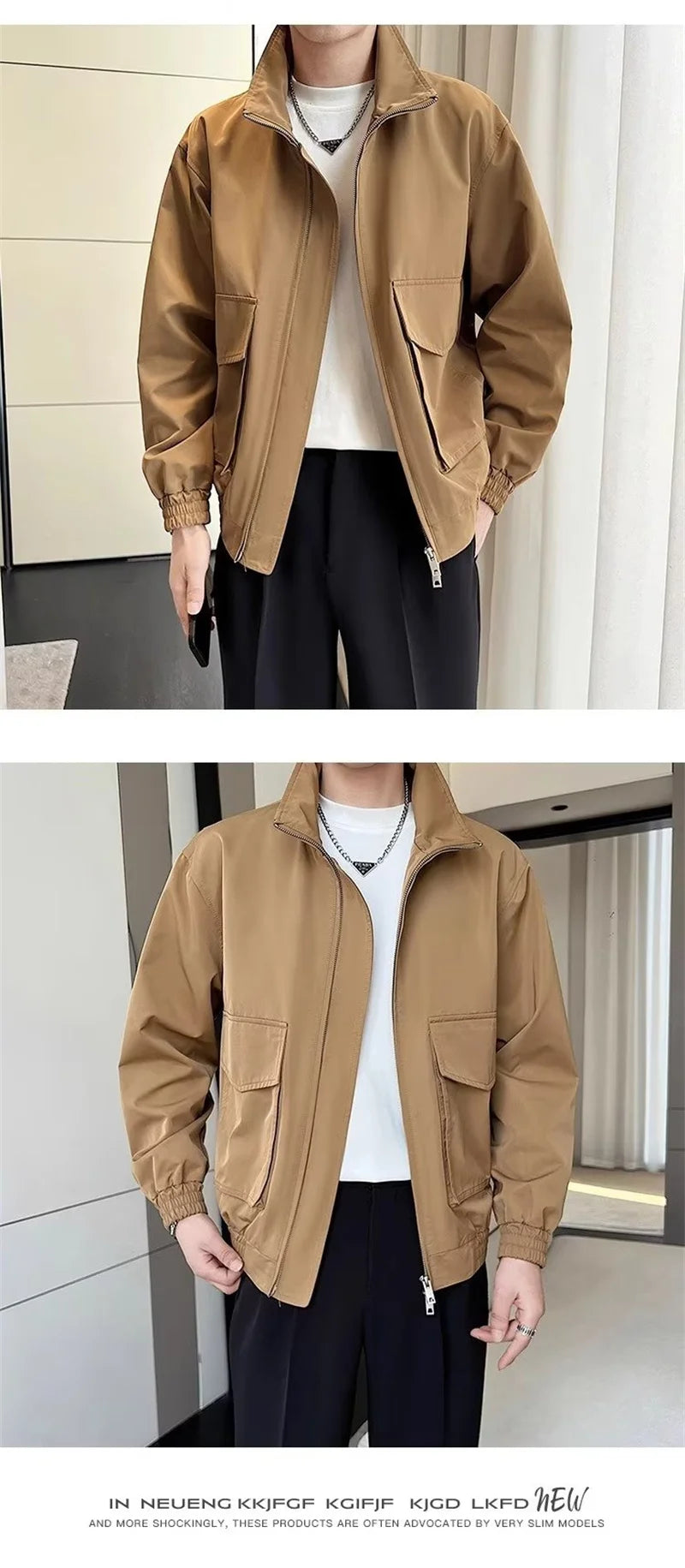 autumn solid color cargo jackets for men new korean fashion zipper cardigan coats stand collar streetwear bomber jacket hombre unique cargo style 1666