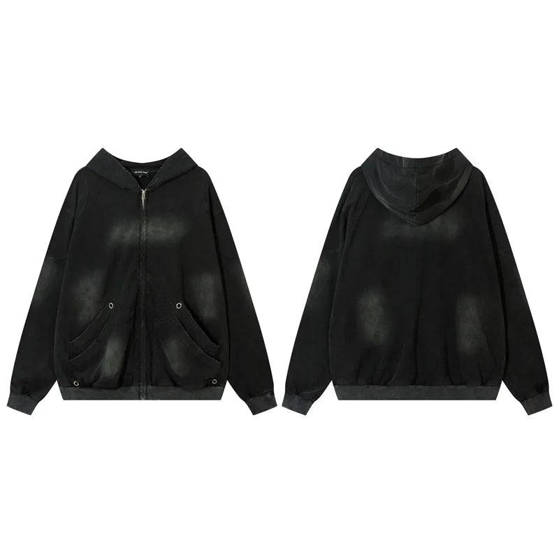 Vintage Zip Up Hoodie Jacket Y2K Punk Gothic Loose Washed Hooded Sweatshirt Coat 2024 Harajuku Cotton Streetwear Street King Limited