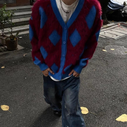 2024 New College Casual Mens Cardigan Autumn Diamond Grid Color Block Street Unisex Knitted Jacket Loose V-neck Sweater Coats Street King Limited
