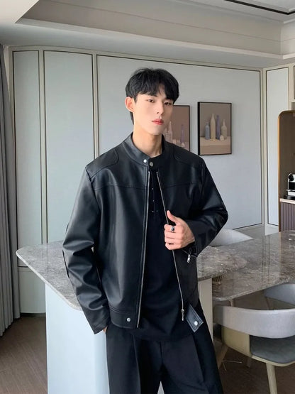 retro american street leather jacket mens autumn 2024 motorcycle standing collar trendy short coat zipper loose bomber outwear unique shorts style 2660