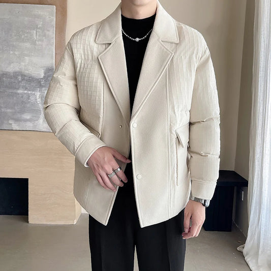 winter splice wool suit collar padded cotton jacket men business casual fashion loose thick warm parkas jacket coat outerwear minimalist street pants