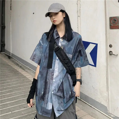 Korean style shirts for men and women 2024 new summer design niche retro tie-dye shirts loose short-sleeved tops trendy y2k tops Street King Limited