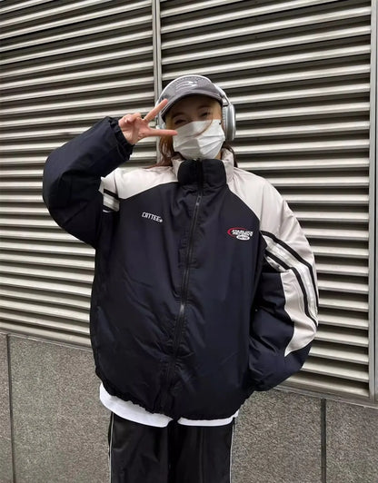 Winter Double Sided Parkas Women Men Thick Warm Patchwork Cotton Padded Coat High Street Loose College Stand Collar Outwear New Street King Limited