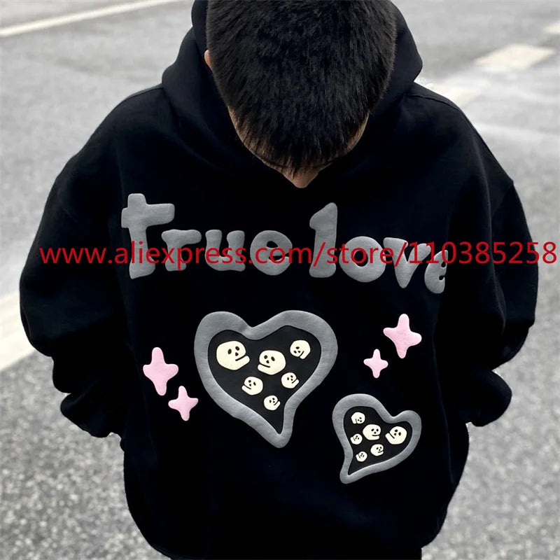 Autumn and Winter American Heavyweight Vintage Long Sleeved Fleece Hooded Sweatshirt Oversize 3D Letter Love Little Ghost Print Street King Limited