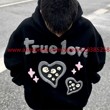 Autumn and Winter American Heavyweight Vintage Long Sleeved Fleece Hooded Sweatshirt Oversize 3D Letter Love Little Ghost Print Street King Limited