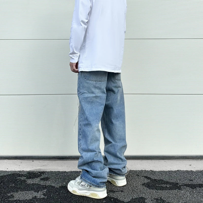 fashion loose streetwear denim jeans new casual wide legs straight jean pants hip hop tassel joggers baggy jeans men clothing unique joggers style 4898