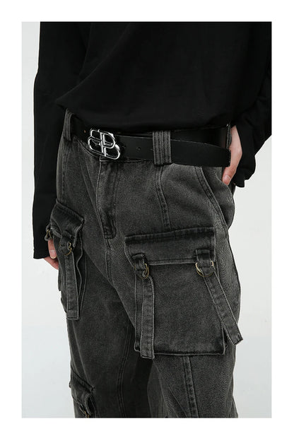 multi pocket cargo jeans men korean fashion loose straight denim pants unique cargo style 514