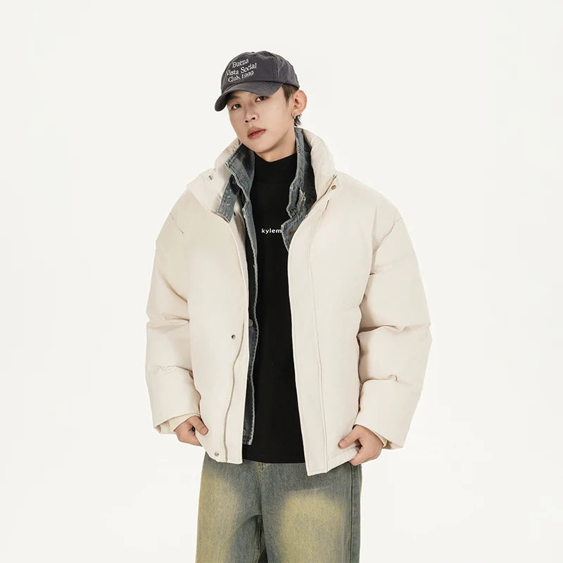 Winter Splice Denim Cotton-padded Jacket Men Women Stand Collar Fashion Loose Casual Thicken Warm Parkas Jacket Boyfriend Coat Street King Limited