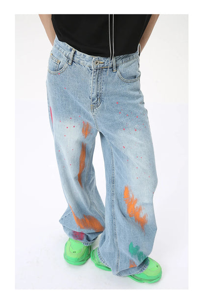 vintage graffiti baggy jeans mens streetwear hip hop loose blue denim pants hi street luxury designer jeans trousers man unique jeans style 49