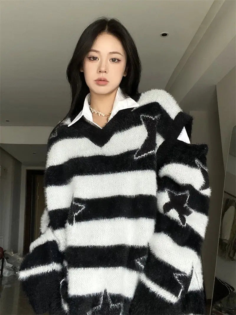 Punk Gothic Long Sweater Women Furry Knitted Sweaters Y2K Streetwear Loose Hollow Out Detachable Pullovers Harajuku Sexy Tops Street King Limited
