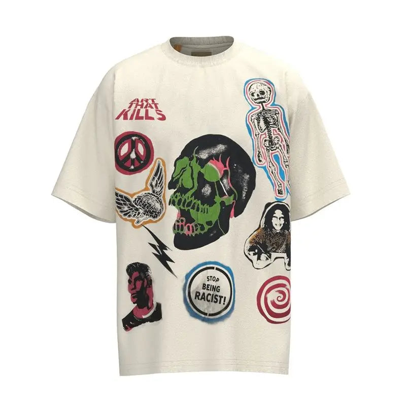 European and American dark skull print European and American high street loose short-sleeved T-shirt for men and women, trendy Street King Limited