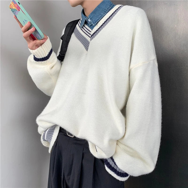 Pullovers Men Sweater Patchwork Ins Fashion Winter Design Couple V-neck Harajuku Knitwear Loose Students Simple Ropa Para Hombre Street King Limited