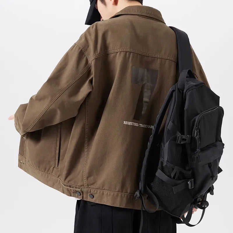 american retro workwear jacket for boys loose spring and autumn high street japanese style khaki casual trendy denim jacket tops unique jeans style 4889