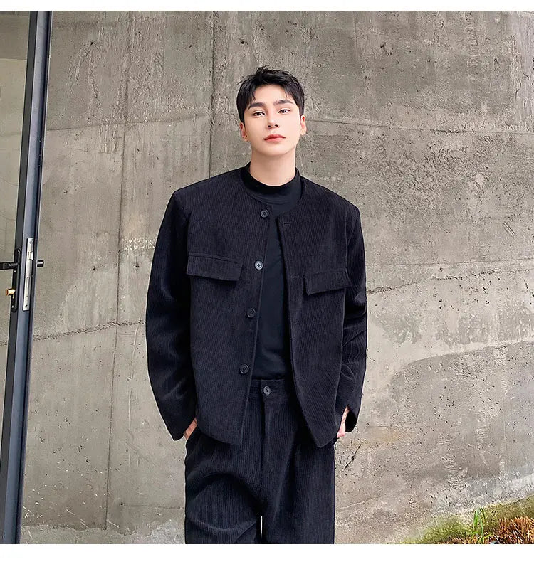 men 2 pieces sets corduroy short jacket wide leg pant suits korean streetwear fashion loose casual retro coat baggy trousers unique shorts style 2694