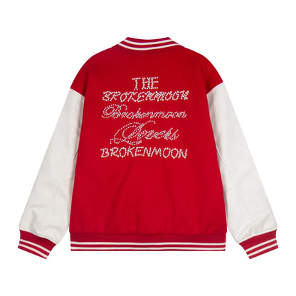 2024 hotselling high street pearl red hot stamping splicing checkered leather sleeves baseball jacket coat clean everyday pants