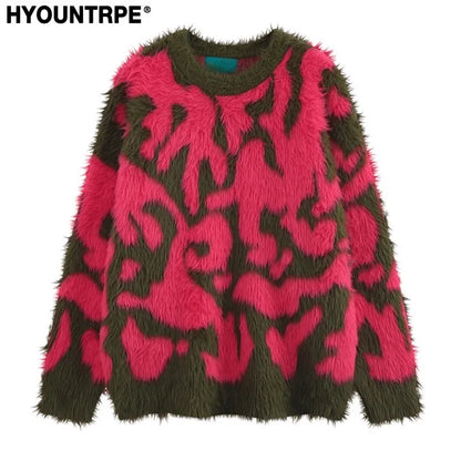 Irregular Contrast Color Knitted Sweater Unisex Harajuku Sweater Casual Warm Furry Pullover Streetwear Sweaters Jumpers Knitwear Street King Limited