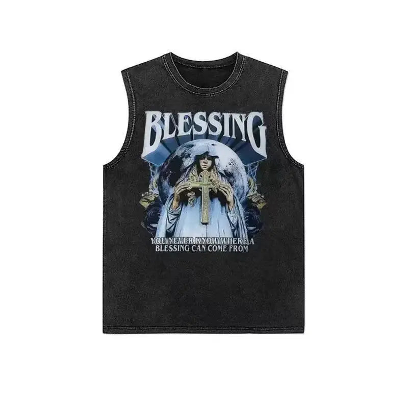 American pure cotton casual vest for outer wear hip-hop retro high street style trendy short-sleeved men's summer printed tops Street King Limited