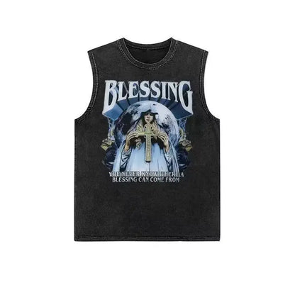 American pure cotton casual vest for outer wear hip-hop retro high street style trendy short-sleeved men's summer printed tops Street King Limited