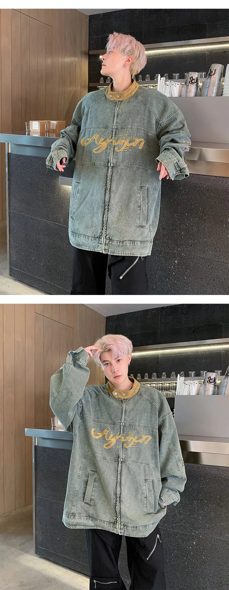 motorcycle hip hop mens cowboy jackets autumn 2024 embroidered washed trend denim coats stand collar color blocking outwear unique jeans style 2764