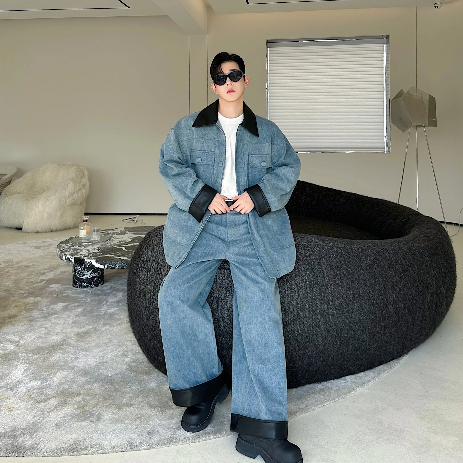 fashion show suits men streetwear washed denim splice loose casual jacket wide leg jeans pants 2 piece sets coat trousers suits unique jeans style 2625