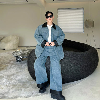 fashion show suits men streetwear washed denim splice loose casual jacket wide leg jeans pants 2 piece sets coat trousers suits unique jeans style 2625