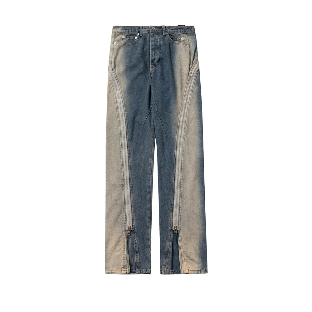 Ro Style Gradient Blue Horn Stacked Floor Dragging Jeans Unisex Streetwear Baggy Y2K Ribbons Zipper Denim Trousers Oversized Street King Limited