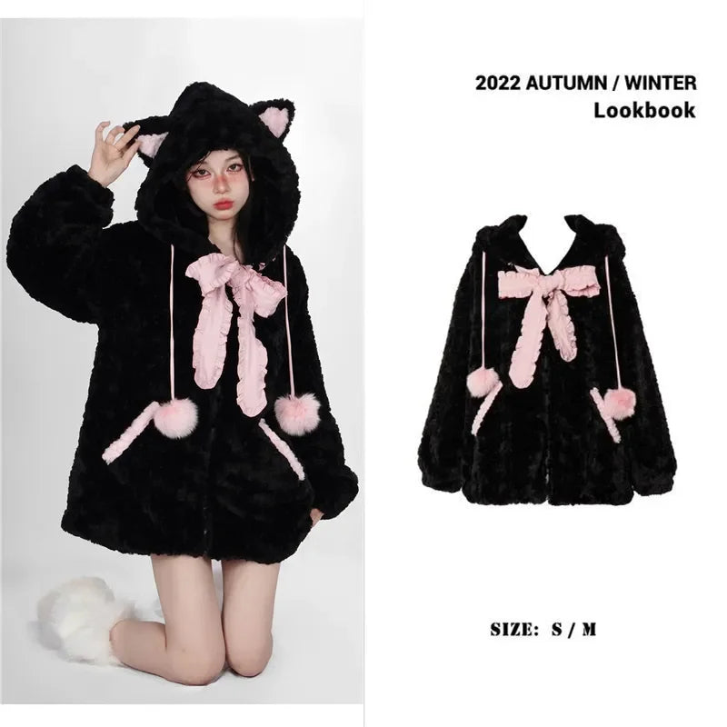 Harajuku Little WildCat Hoodies Women Bodysuit Black Tie Bowknot Cute Loose Goth Coat Y2k Style Kawaii Winter Clothes Women Street King Limited