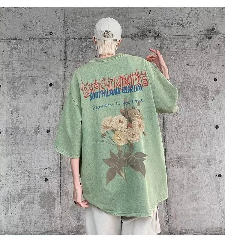 Short-sleeved T-shirt men's summer new style washed and distressed American retro handsome thin loose heavy cotton T-shirt tops Street King Limited