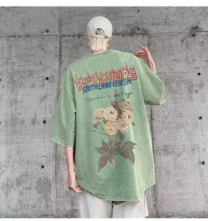 Short-sleeved T-shirt men's summer new style washed and distressed American retro handsome thin loose heavy cotton T-shirt tops Street King Limited