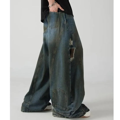 Summer High Street Hip Hop Jeans Mens Halo Dye Hole Washed Straight Denim Pants Loose Silhouette Retro Micro Flared Trousers Street King Limited