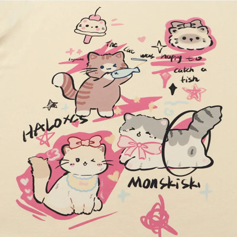 Men's Lovely Cat Printed T-Shirt Cartoon Hand-Painted Pet Tees High Street Trendy Hip-Hop Tops Oversized Loose Short Sleeves Street King Limited